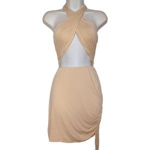 TRESSER Nude Cream Criss Cross Halter Neck Bodycon Cut Out Mini Dress Large NWT